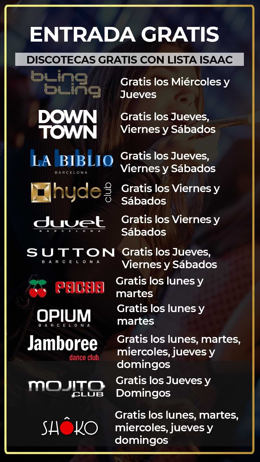 discotecas gratis lista isaaac