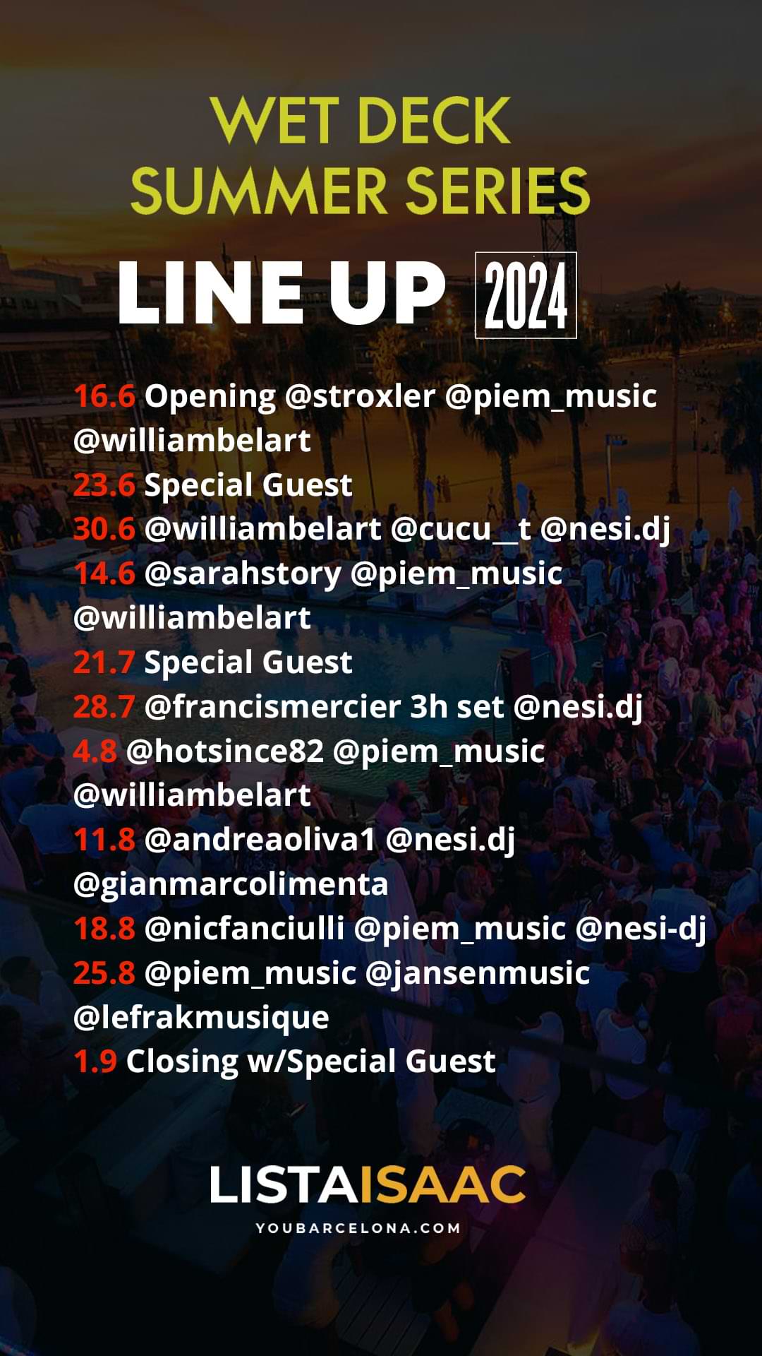 line up wet deck barcelona 2024